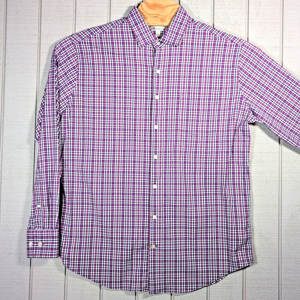 Peter Millar Dress Shirt Men's Size L Crown Purple Plaid Button Up Pelican Marsh - Picture 2 of 12